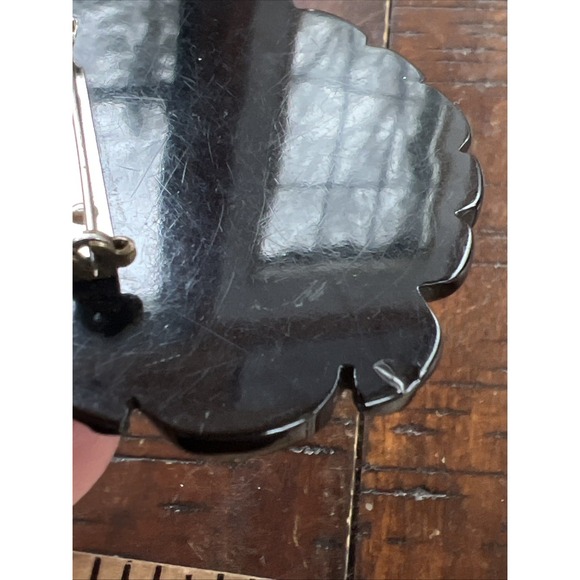 Bakelite Large Black Brooch Floral Carved Detailed Pierced Pin - Picture 10 of 13